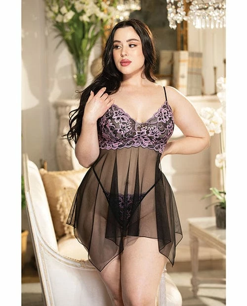 Shirley Of Hollywood Valentines Sheer & Floral Applique Babydoll Lingerie