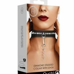 Shots America Shots Ouch Diamond Studded Collar With Leash - Black Kink & BDSM