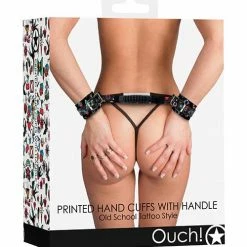 Shots America Shots Ouch Old School Tattoo Style Printed Handcuffs With Handle - Black Kink & BDSM
