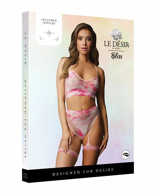 Shots America Shots Bliss Bra & Panty Leg Garter With Face Jewelry Multi One Size Fits Most Lingerie