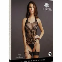 Shots America Shots Le Desir Crotchless Rhinestone Halter Teddy Black One Size Fits Most