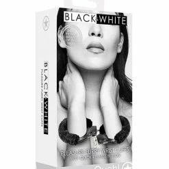 Shots America Shots Ouch Black & White Beginner's Furry Hand Cuffs - Black Kink & BDSM