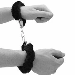 Shots America Shots Ouch Black & White Beginner's Furry Hand Cuffs - Black Kink & BDSM