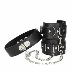 Shots America Kink & BDSM Shots Ouch Black & White Bonded Leather Collar W-hand Cuffs - Black