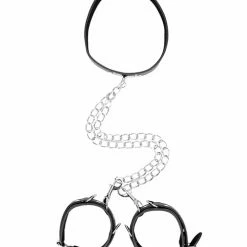 Shots America Kink & BDSM Shots Ouch Black & White Bonded Leather Collar W-hand Cuffs - Black