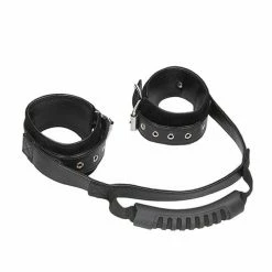 Shots America Shots Ouch Black & White Bonded Leather Hand Cuffs W-handle - Black Kink & BDSM