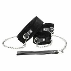 Shots America Kink & BDSM Shots Ouch Black & White Velcro Collar W-leash & Hand Cuffs - Black