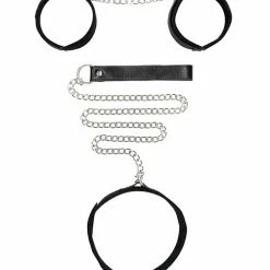 Shots America Kink & BDSM Shots Ouch Black & White Velcro Collar W-leash & Hand Cuffs - Black