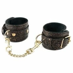 Kink & BDSM Spartacus Faux Fur Lining Wrist Restraints - Brown Floral Print