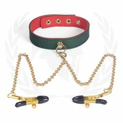 Kink & BDSM Spartacus Pu Collar With Nipple Clamps - Green