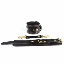 Kink & BDSM Spartacus Wrist Restraints - Brown Leather With Gold Accent Hardware