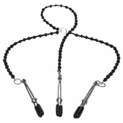 St Rubber Kink & BDSM Steamy Shades Y-style Deluxe Beaded Nipple Clamps - Black-Silver