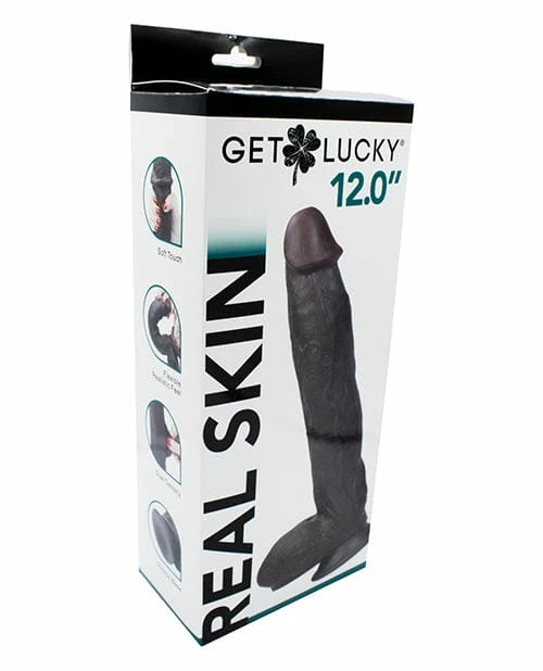 Thank Me Now Get Lucky 12" Real Skin Series - Dark Brown Dildos