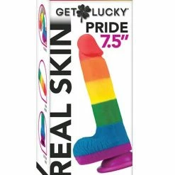 Thank Me Now Dildos Get Lucky 7.5" Real Skin Series Pride- Rainbow