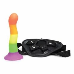 XR Brands Strap U Proud Silicone Dildo With Harness - Rainbow