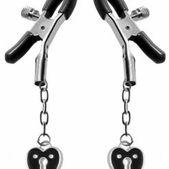 XR Brands Master Series Charmed Heart Padlock Nipple Clamps - Black Kink & BDSM