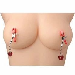 XR Brands Master Series Charmed Heart Padlock Nipple Clamps - Red
