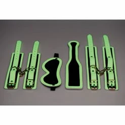 XR Brands Kink & BDSM Master Series Kink In The Dark Glowing Cuffs & Blindfold & Paddle Set