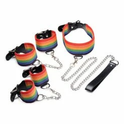 XR Brands Master Series Kinky Pride Rainbow Bondage Set - Wrist & Ankle Cuffs & Collar With Leash