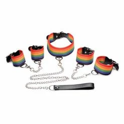 XR Brands Master Series Kinky Pride Rainbow Bondage Set - Wrist & Ankle Cuffs & Collar With Leash