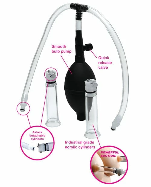 XR Brands Size Matters Nipple Pumping System With Dual Cylinders - Clear