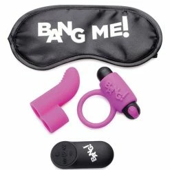 XR Brands Vibrators Bang! Couple's Kit With Remote Control Bullet, Blindfold, Cock Ring & Finger Vibe - Purple