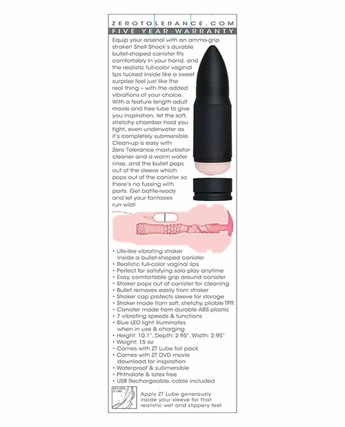 Penis Toys Zero Tolerance Shell Shock Rechargeable Vibrating Stroker - Black-Flesh